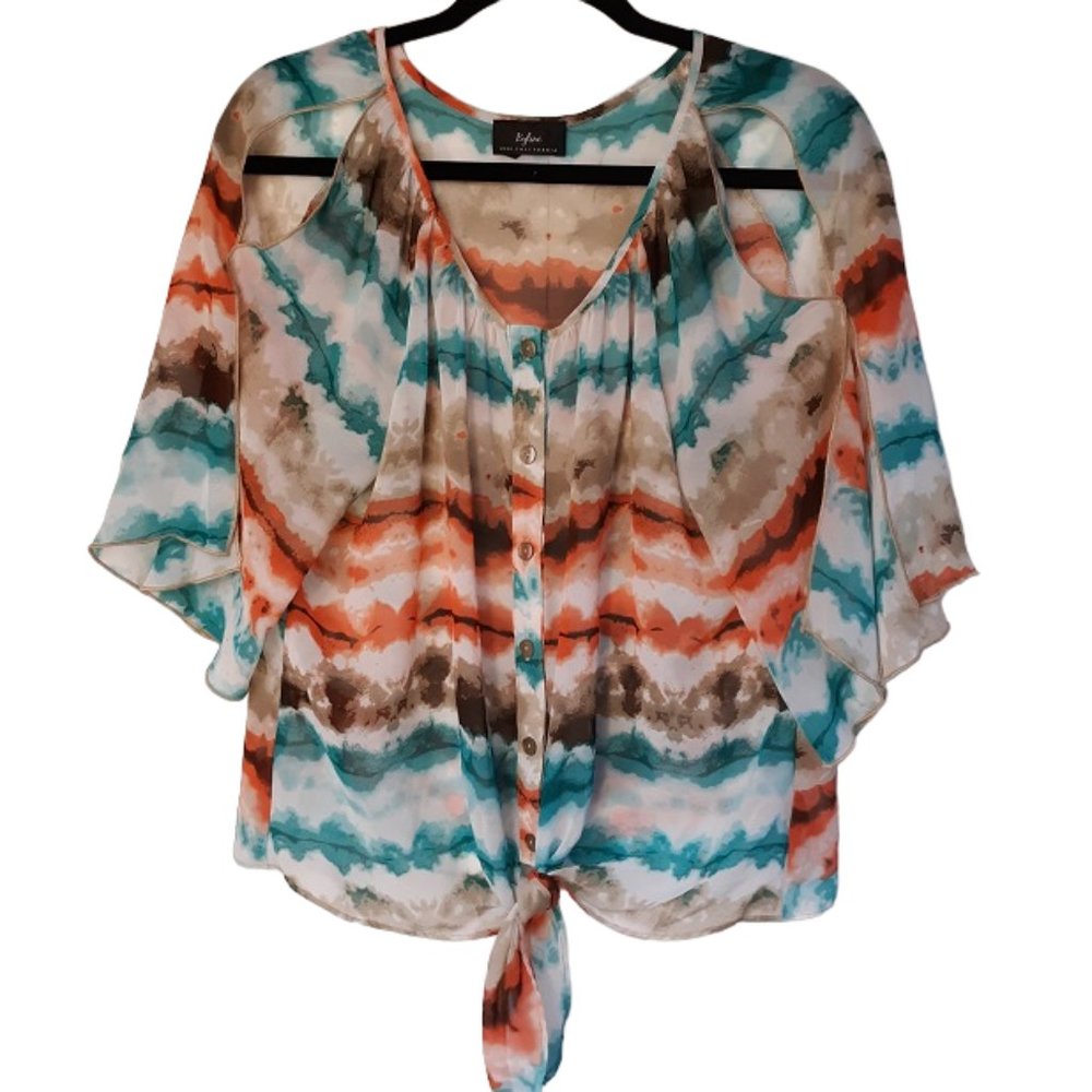 Byline Byer California Blouse XL GUC Sheer Open Shoulder Top Buttons Tie Waist